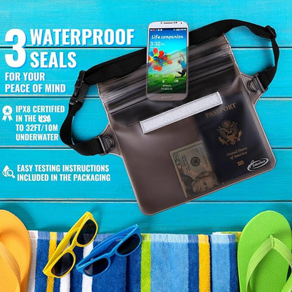 AiRunTech Waterproof Pouch with Waist Strap (2 Pack) | Adjustable Waterproof Dry Fanny Bag for Boating Swimming Kayaking Surfing | Beach Cruise Travel Accessories Essentials Vacation Must haves