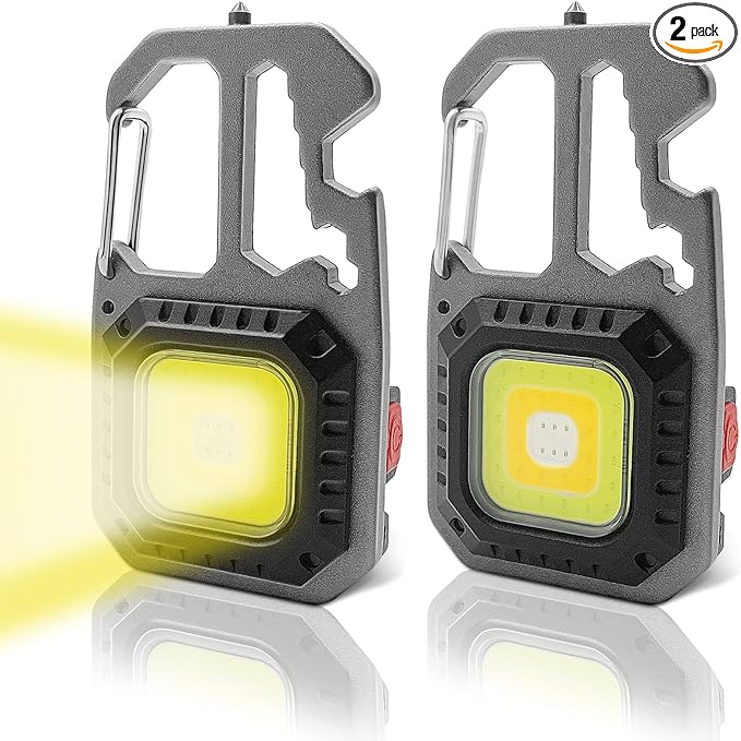 2Pcs COB Small Flashlights, Rechargeable Keychain Mini Flashlight 4 Modes Portable Pocket Magnetic Light with Bottle Opener Hook Window Breaker Wrench Screwdriver Function for Fishing Camping Walking