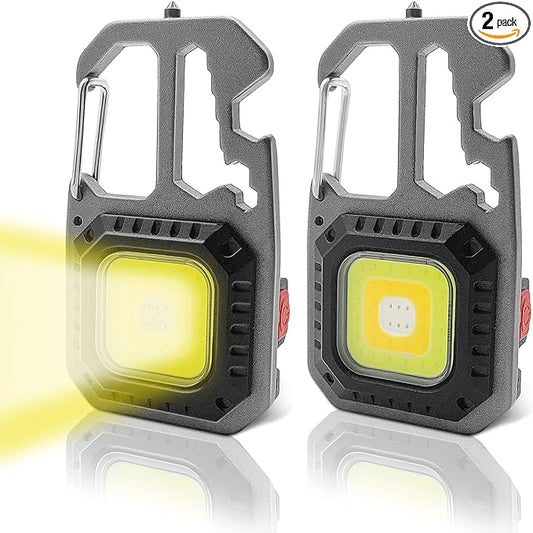 2Pcs COB Small Flashlights, Rechargeable Keychain Mini Flashlight 4 Modes Portable Pocket Magnetic Light with Bottle Opener Hook Window Breaker Wrench Screwdriver Function for Fishing Camping Walking