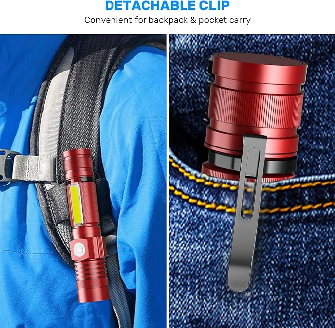 Rechargeable LED Flashlights, Magnetic Flashlight Super Bright Tactical Flashlight with SideLight,USB Rechargeable,Zoomable,Waterproof Best Small Flashlight for Camping, Emergency Red