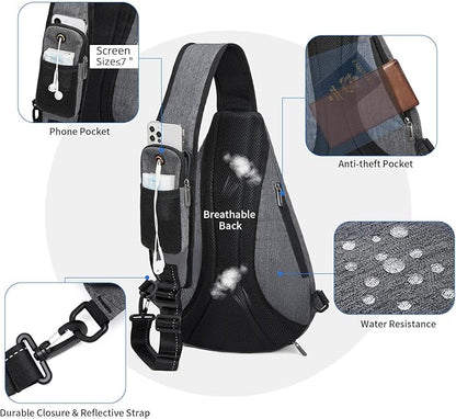 TUDEQU Sling backpack, 8 Pockets Sling Bag Crossbody, 19L Large Sling Bag for Men Travel Crossbody Backpack Hiking Outdoor