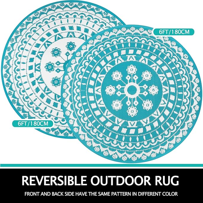 Capslpad 6Ft Round Outdoor Rug for Patio Clearance Boho Reversible Mat Waterproof Outdoor Plastic Straw RV Camping Rug Outside Circle Area Rug for Porch Deck Terrace Picnic Beach Apartment, Teal