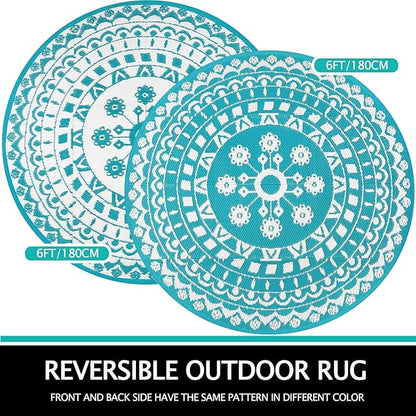 Capslpad 6Ft Round Outdoor Rug for Patio Clearance Boho Reversible Mat Waterproof Outdoor Plastic Straw RV Camping Rug Outside Circle Area Rug for Porch Deck Terrace Picnic Beach Apartment, Teal