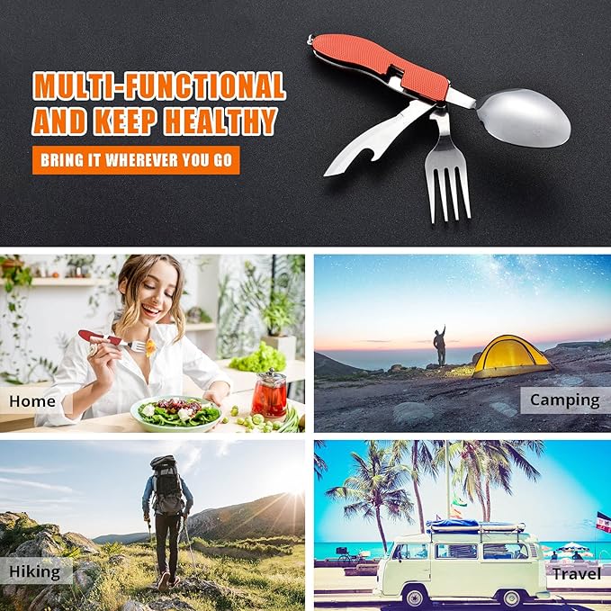 Camping Utensils 2 Pack,HIKENTURE 4-in-1 Stainless Steel Spoon, Fork, Knife, and Bottle Opener Combo - Lightweight and Portable Travel Eating Silverware for Hiking, Backpacking, and Picnic (Red 2pack)
