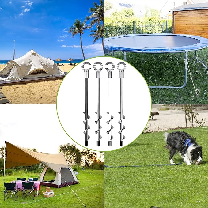 12 Inch Ground Anchors, 4 Pcs Heavy Duty Tent Stakes, Easy to Install and Reusable, for Camping Tents, Trampolines, Sheds, Swing Sets, Securing Animals