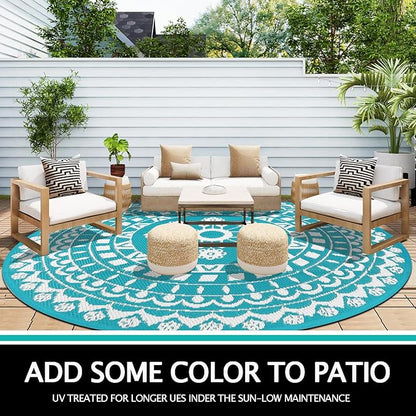 Capslpad 8Ft Round Outdoor Rug for Patio Clearance Boho Reversible Mat Waterproof Outdoor Plastic Straw RV Camping Rug Outside Circle Area Rug for Porch Deck Terrace Picnic Beach Apartment, Teal