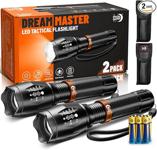 2 Pack LED Flashlights High Lumens with 6 AAA Batteries, 5 Modes Mini Waterproof Tactical Flashlight for Camping Hiking, Bright Flashlight with Zoomable, Fathers Day Dad Gifts for Him, Black & Coppery