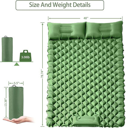 Double Sleeping Pad for Camping, 2 Person Ultralight Inflatable Sleeping Mat with Pillow and Built-in Foot Pump, Portable Camping Mattress for Tent, Backpacking, Hiking, Traveling