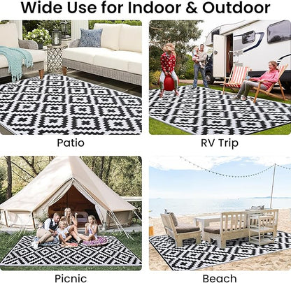 Smiry Waterproof Outdoor Rug 9x12 ft, Reversible Plastic Straw Patio Camping Rugs, Outdoor Indoor RV Mat Carpet for Patio, Outside Entry, Backyard, Deck, Bench, Picnic, Camper, Black & White