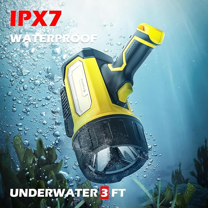 FORTO Rechargeable Spotlight Flashlight with 2000 Lumens, Handheld Spotlight with Foldable Stand, 6 Light Modes IPX7 Waterproof LED Spot Lights Outdoor for Boating Hunting Camping Hiking(Yellow)