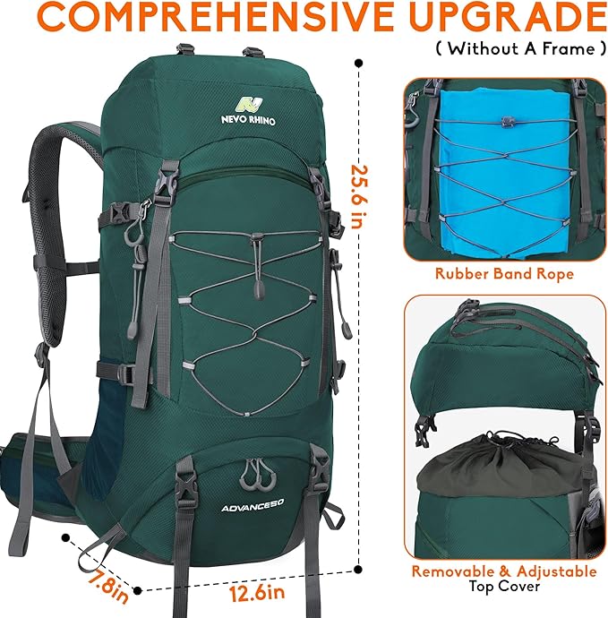 N NEVO RHINO Waterproof Hiking Backpack 50L/60L, Camping Backpack with Rain Cover, Hiking Travel Mountaineering Backpack