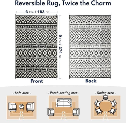 Waterproof Outdoor Rug 6x9 ft, Reversible Plastic Straw Rug, Easy to Clean Patio Rug, Portable Carpet for Patio, RV, Deck, Balcony, Backyard, Picnic, Beach, Geometric Diamond, Gray