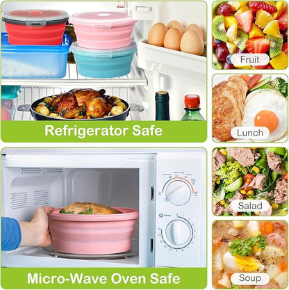 4 Set Camping Bowl with Lid Collapsible Silicone Bowl with Foldable Stainless Steel Fork Salad Bowl Portable Folding Fork Set for Travel Picnic Camping Utensils