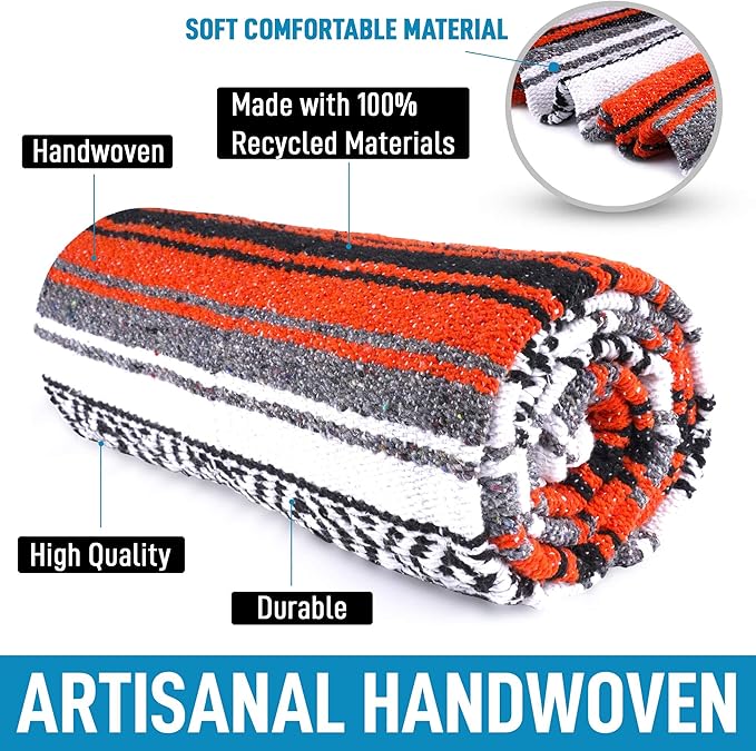 Authentic Extra Large Mexican Blanket (70"x50") - Handwoven Yoga Blanket, Serape Blanket - Artisanal Falsa Blanket, Beach Blanket, Camping Blanket, Picnic Blanket, Outdoor Blanket (Orange)