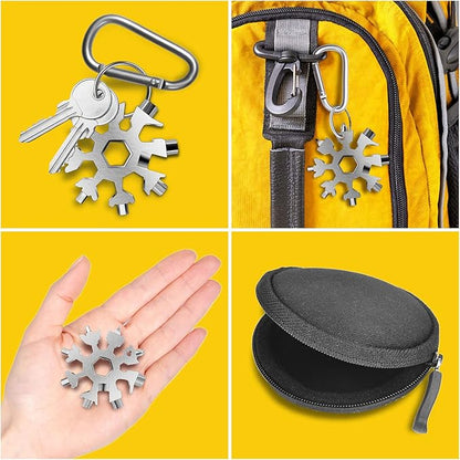 FZENeast Snowflake Multitool, 1 Piece 18-in-1 Stainless Steel Snowflake Standard Multitool, Snowflake Wrench with Key Ring, Carabiner Clip and Gift Bag (Silver)