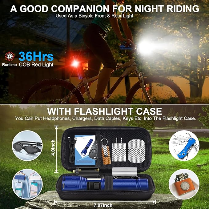 Flashlights 100,000 High Lumens Rechargeable - Super Bright LED Magnetic Flashlight with Sidelight 8 Modes Waterproof Powerful Handheld Flash Light for Emergency (1 Pack with Leather Box, Blue)