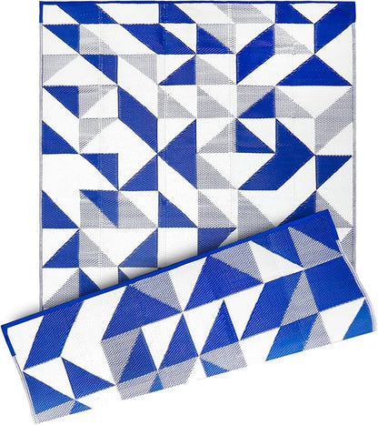 Outdoor Rug Mat for Patio, 6x9ft Waterproof Reversible Plastic Straw Rugs, Camping Carpet Area Mats for RV, Porch, Deck, Backyard, Balcony, Camper, Trailer, Blue & White