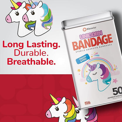 BioSwiss Bandages, Unicorn Shaped Self Adhesive Bandage, Latex Free Sterile Wound Care, Fun First Aid Kit Supplies for Kids, 50 Count