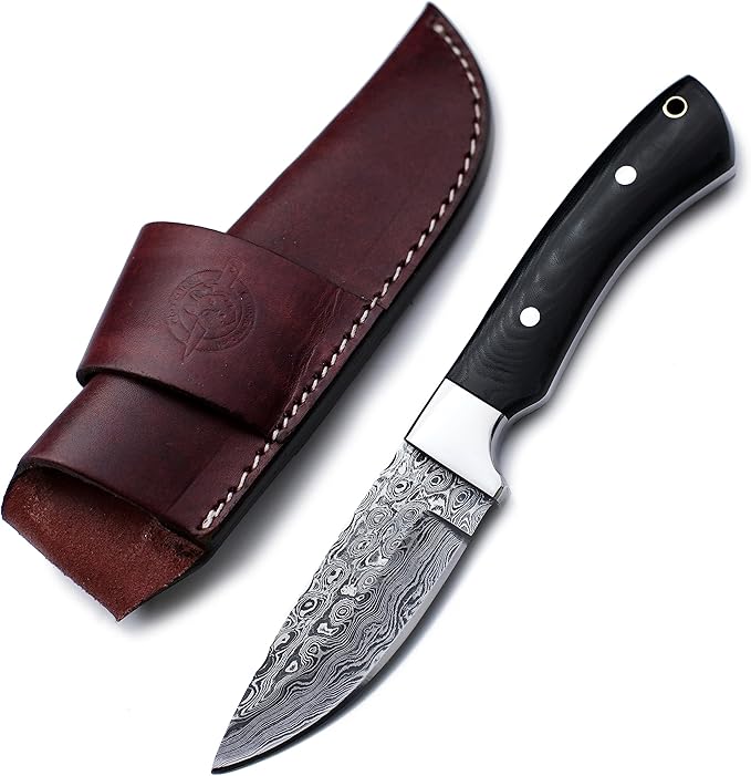 Handmade Damascus Steel Knife for Hunting, Survival,Camping,Bushcraft,and Fishing- Fixed Blade Dagger with Drop Point Full Tang Micarta Handle, Leather Sheath - WKD-802