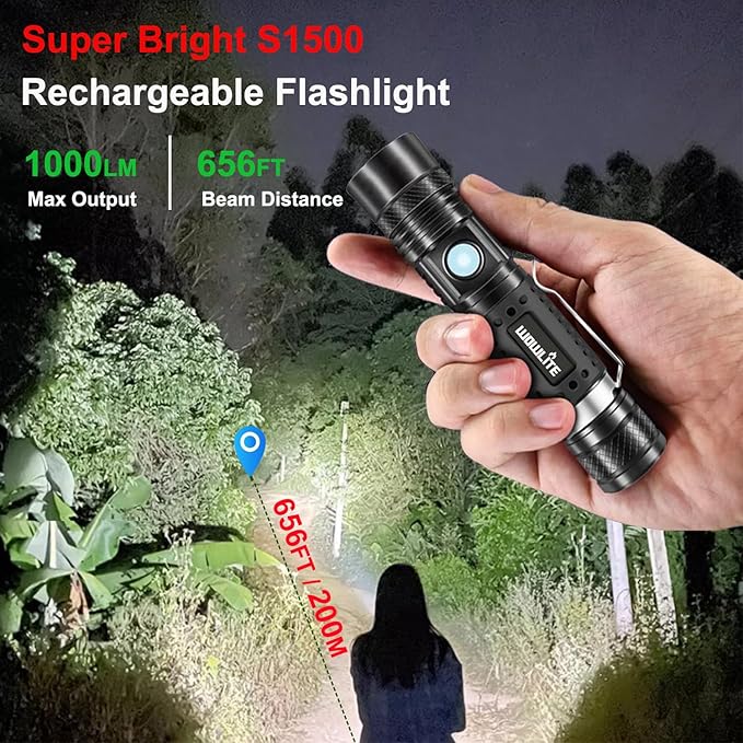 wowlite Flashlight Rechargeable, Super Bright Pocket LED Flashlights with 4 Modes, Zoomable High Lumens Small Flash Light for Home Emergency, Gifts for Camping Essentials Camper Gear (Black)