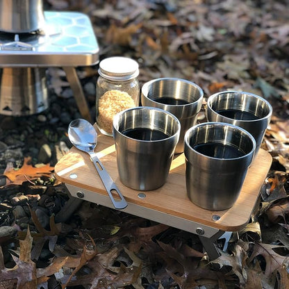 nCamp - Camping Coffee Cup Set, Insulated Stainless Steel Cups, Stackable Metal Cups, Stainless Steel Cup with Nylon Drawstring Bag, Made with 304 Stainless Steel, 6 oz, 4-Piece Set