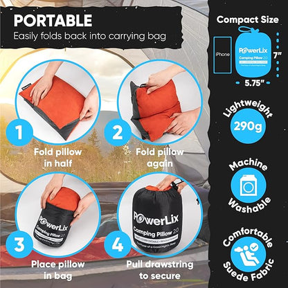 POWERLIX Camping Pillow - Memory Foam Washable/Inflatable Camp Pillow for Backpacking Hiking Camping Picnic,Travel Pillow for Airplanes,Compressible Backpacking Pillow,Machine Washable Cover