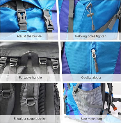 King'sGuard Hiking Backpack for Men and Women 70L+5L Waterproof Lightweight Camping Daypack with Rain Cover for Outdoor Travel Mountaineering - Frameless (Blue)