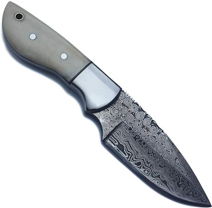 Handmade Damascus Steel Fixed Blade Bowie Knife Ideal for Edc,Fishing,Hunting,Camping,Bushcrafting Skinning and Survival with Full Tang Camel Bone Handle with Cowhide-Leather Sheath-DCX17-7