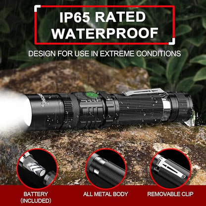 Rechargeable Flashlights 2 Pack, RECHOO High Lumens LED Tactical Flashlight with Double Switch, Small Bright Flash Lights with 5 Modes, Zoomable, IP65 Waterproof for Camping, Hiking, Emergencies