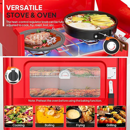 ROVSUN 2-in-1 Portable Camping Stove & Propane Oven with Piezo Igniter, 2 Burner Stove & Outdoor Oven with Adjustable Fire, Thermometer, Wind Panel & Regulator for Traveling, Tailgating (Red)