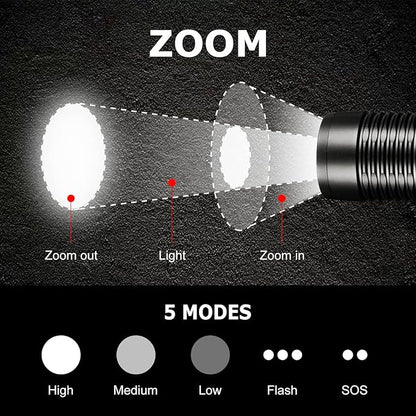 2 Pack 5 Modes LED Rechargeable 5000 High lumens Flashlights, Super Bright Zoomable Flashlight Waterproof for Kids Camping，emergencies