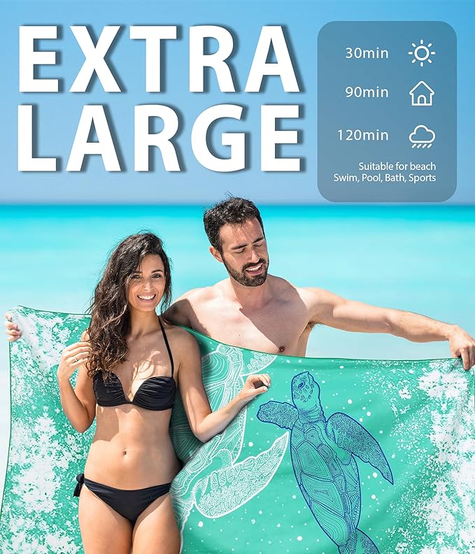 Microfiber Beach Towel – Green Turtle Quick Dry Lightweight Sand Free Oversized Large Accessories Travel Must Have Swim Pool Yoga Camping Gear Summer Cruise Ship Essentials Cloud Compact Gift 71''32''