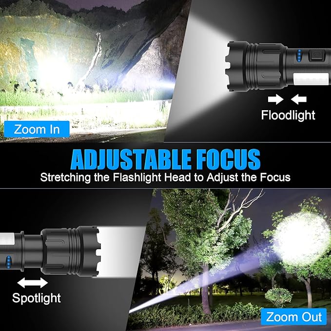 LED Magnetic Flashlight High Lumens Rechargeable, 10000 Lumens Super Bright Small Tactical Flashlights with COB Work Light, Type C, Zoomable, 7 Modes, IPX7 Waterproof Handheld Flashlights for Camping