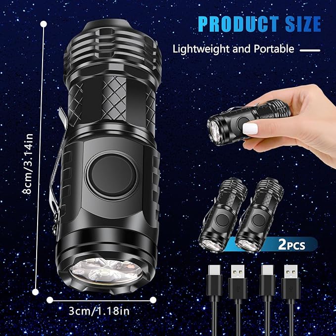 2 Pcs Mini Flashlight Rechargeable, Pocket Flashlight Super Bright 5 Modes, Powerful Mini Flashlight Portable Small LED Flashlight for Camping Outdoor