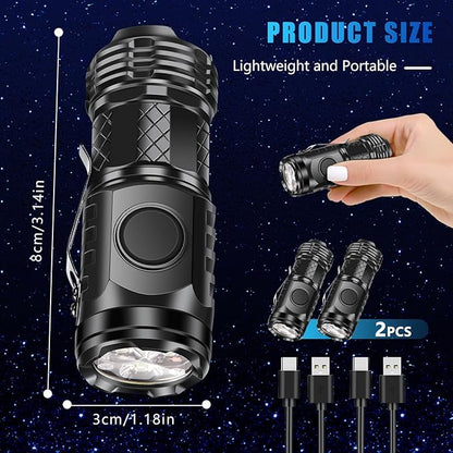 2 Pcs Mini Flashlight Rechargeable, Pocket Flashlight Super Bright 5 Modes, Powerful Mini Flashlight Portable Small LED Flashlight for Camping Outdoor