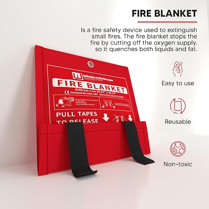 Fire Extinguisher Blanket - Heavy Duty Portable Fiberglass Emergency Blanket - Puts Out Grill & Grease Flames - Safe & Reusable Survival Fire Safety for Home, Kitchen, Car, Camping 1x1m