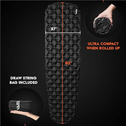 VAEDA Inflatable Sleeping Pad for Camping - Portable & Compact Camping Mat for Sleeping - Ultralight & Waterproof Backpacking Sleeping Mat for Hiking, Traveling & Outdoor Activities