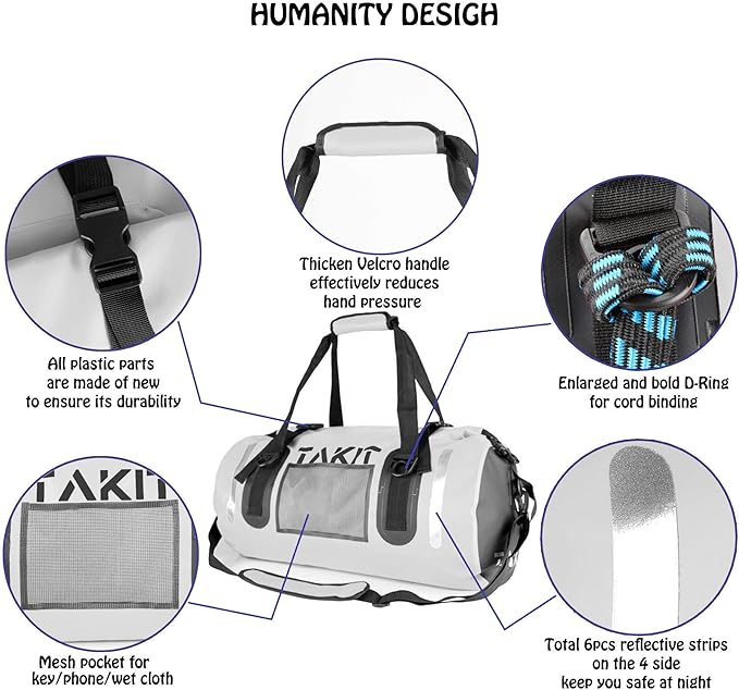 Waterproof Duffle Bag Travel Dry Bag 500D PVC for Motorcycle Tail Kayaking Rafting Boating Swimming Camping Hiking Beach Fishing (White, 40L)