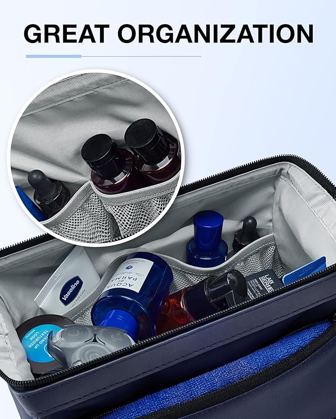 BAGSMART Toiletry Bag for Men, Wide Opening Dopp Kit Water Resistant Shaving Hygiene Organizer for Bathroom, Travel Essentials, Navy