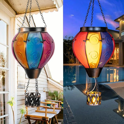 Hot Air Balloon Solar Lantern with Candle Holder Solar Hot Air Balloon Flickering Flame Hanging Garden Light Waterproof Glass Hot Air Balloon Solar Lamp Decorative for Lawn Porch Tree Yard