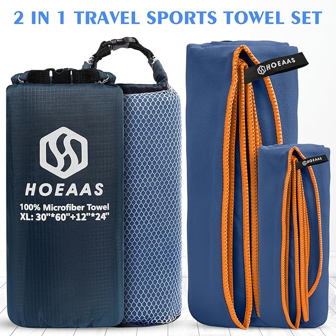 HOEAAS 2 Pack Microfiber Camping Towels, Quick Dry Towel, Super Absorbent Ultra Compact Travel Towel Soft Lightweight Sports Towel for Sweat Fast Drying Towels for Pool,Gym,Hiking,Backpacking,Fitness