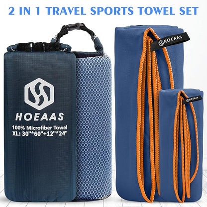 HOEAAS 2 Pack Microfiber Camping Towels, Quick Dry Towel, Super Absorbent Ultra Compact Travel Towel Soft Lightweight Sports Towel for Sweat Fast Drying Towels for Pool,Gym,Hiking,Backpacking,Fitness