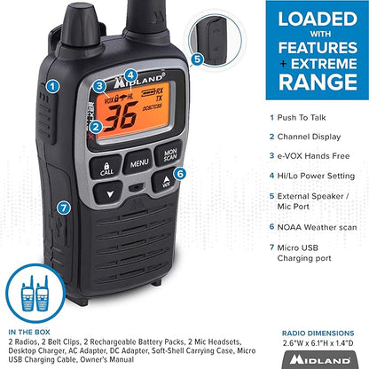 Midland T77VP5 X-TALKER Long Range Walkie-Talkie FRS Two-Way Radio for Camping Overlanding NOAA Weather Scan + Alert, 121 Privacy Codes - Includes Carrying Case & Headset Black/Silver, 2 Radio Bundle
