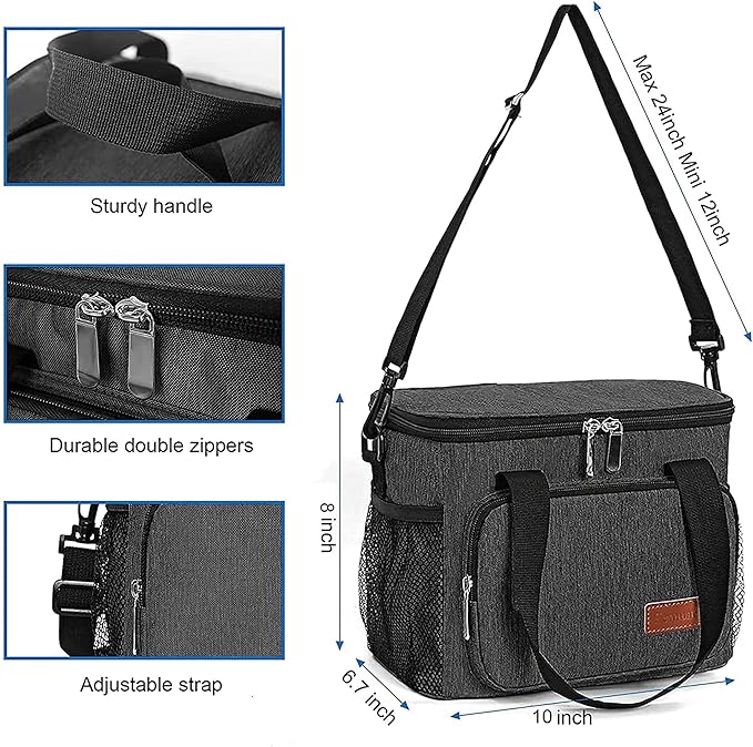 Femuar Lunch Bags for Women/Men, Insulated Lunch Bag for Work Office Picnic - Lunch Cooler Bag Leakproof Lunch Box with Adjustable Shoulder Strap - Charcoal