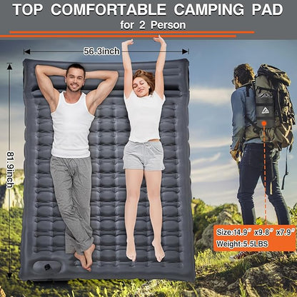 Double Sleeping Pad Camping, Self Inflating 4'' Extra-Thick 2 Person Pillow Built-in Foot Pump Waterproof Inflatable Sleeping Mat Backpacking, Tent, Hiking, Portable Camping Pad (Grey-Double)