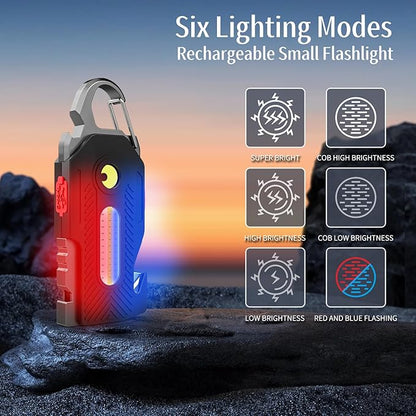 Small Flashlight Rechargeable, 6 Lighting Modes Bright Mini Pocket Light, Keychain Flashlight Multifunctional, Keychain Work Lights Powerful for Camping Fishing Hiking Emergency