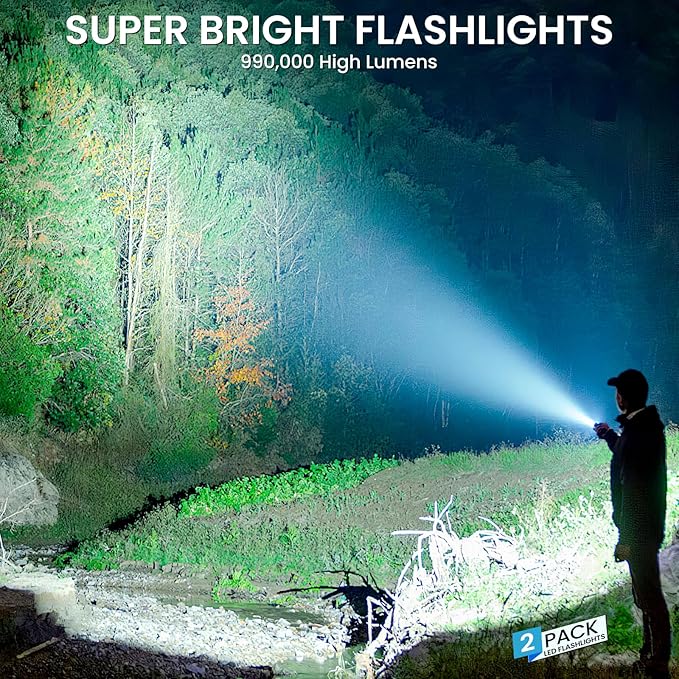 Rechargeable Flashlight 990000 High Lumens, Super Bright LED Flashlight with 7 Modes, Waterproof Powerful Flash Light for Camping, Home, Emerge∩cies (Black)