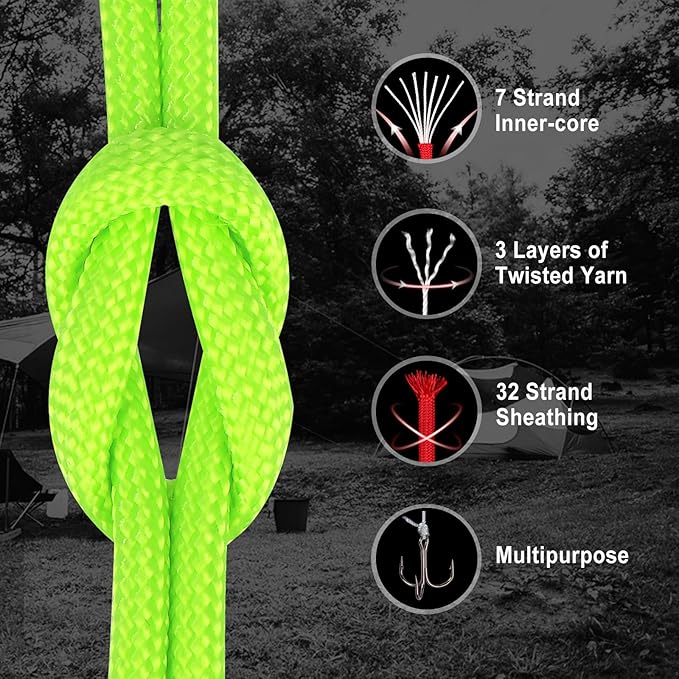 WEREWOLVES Paracord Rope, 7 Strand Type III Parachute Cord 4mm 100ft / 200ft for Crafting, DIY Projects, Survival Bracelets (Neon Green, 200 ft)