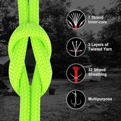 WEREWOLVES Paracord Rope, 7 Strand Type III Parachute Cord 4mm 100ft / 200ft for Crafting, DIY Projects, Survival Bracelets (Neon Green, 200 ft)