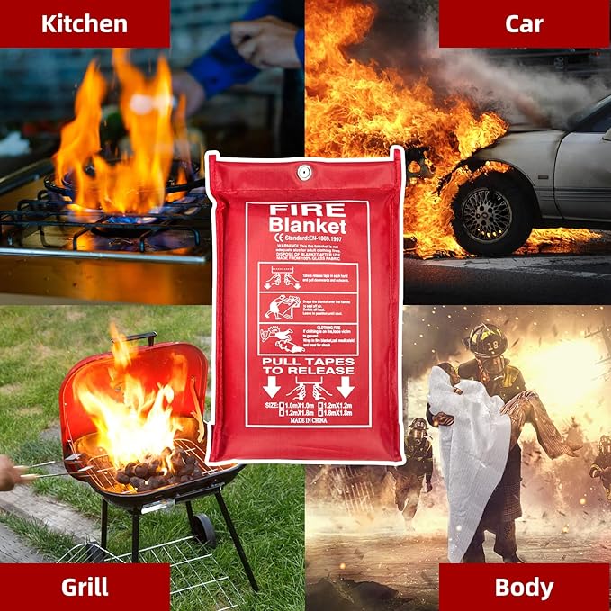 Emergency Fire Blanket (4 Pack, 40 in X 40 in) + 4 Hooks & 1 Gloves, Fiberglass Fireproof Fire Blanket for Home and Kitchen, Camping, Grill, Car, Warehouse